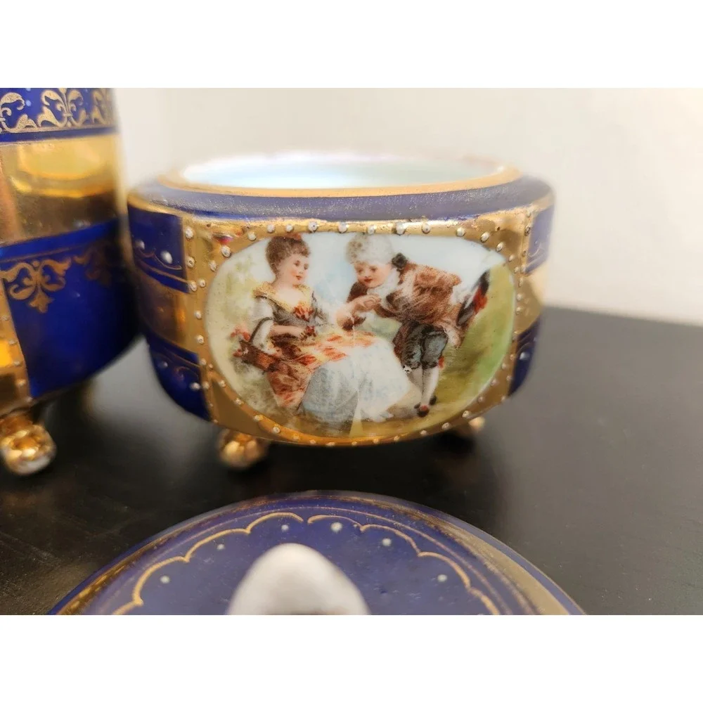 Antique Meissan Cobalt Gold‎ Grand Pictorial Romantic Couple Creamer + Sugar Set